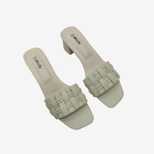 HOLY women's block heel slip-on sandal featuring woven front strap and soft cushioned sole