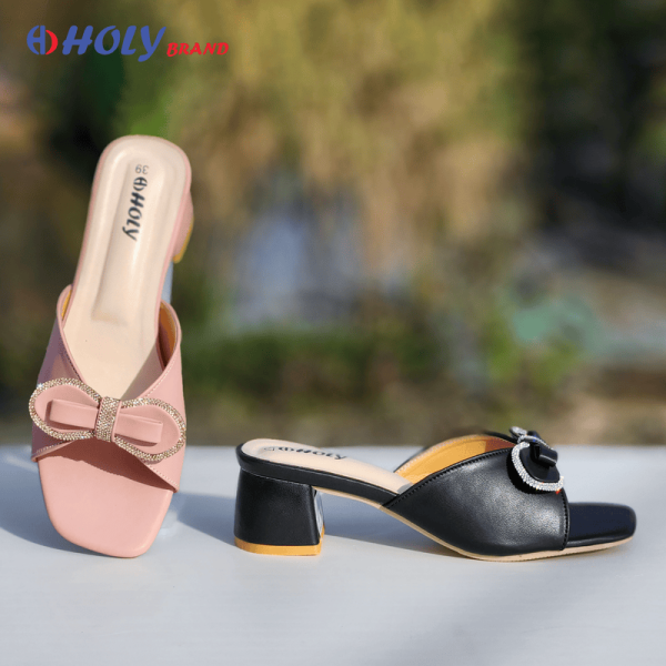 Holy Brand women’s block heel sandals – pink bow design & black buckle style
