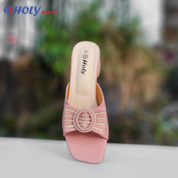 Holy Brand black women’s block heel sandal with crystal strap and round buckle