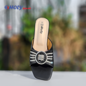 Holy Brand black women’s block heel sandal with crystal strap and round buckle