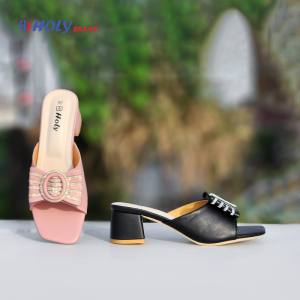Holy Brand black women’s block heel sandal with crystal strap and round buckle