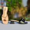 Women’s block heel sandals in cream and peach with elegant bow design from Holy Brand