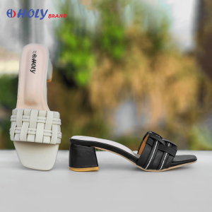 Holy Brand women block heel sandals – pink and cream woven strap design