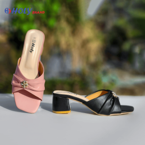 Holy Brand elegant black women’s block heel sandal with flower embellishment
