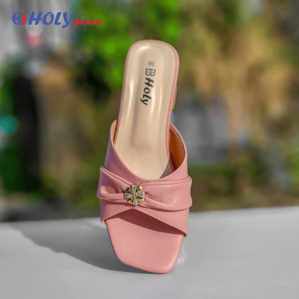 Holy Brand elegant black women’s block heel sandal with flower embellishment