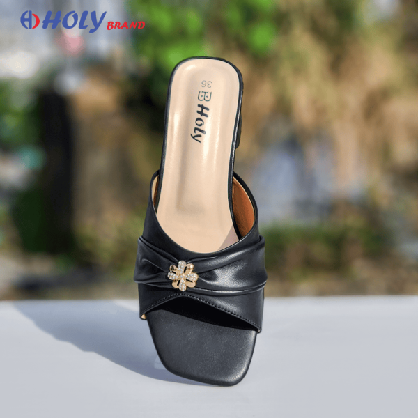 Holy Brand elegant black women’s block heel sandal with flower embellishment