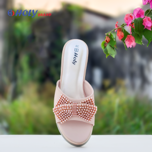 Women’s stylish wedge sandals in pink and black with bow and beaded design from Holy Brand
