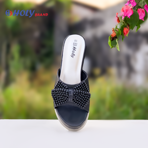 Women’s stylish wedge sandals in pink and black with bow and beaded design from Holy Brand